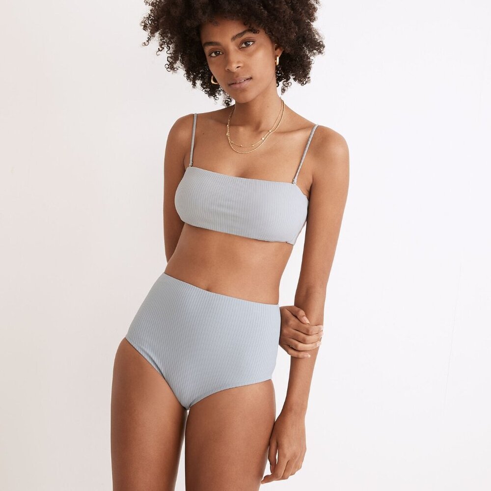 Madewell Blue Second Wave Ribbed Spaghetti-Strap Bandeau Bikini Top
